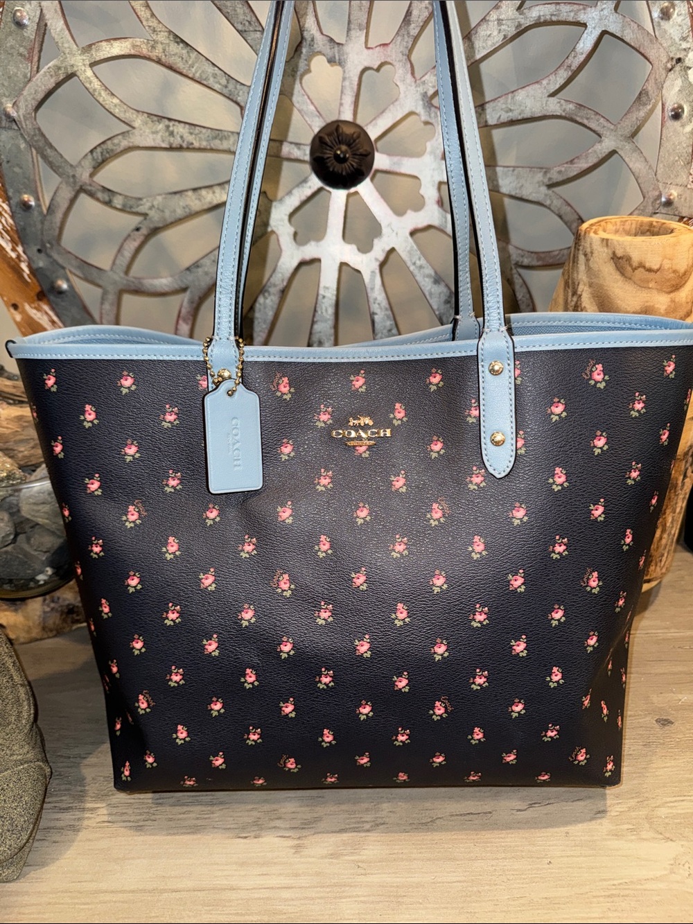 Coach Ditsy Floral REVERSIBLE Tote with Pink Floral Print or use Light Blue side